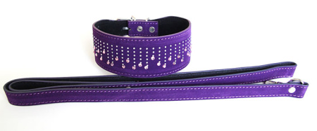 Ошейник с поводком со стразами фиолетовый